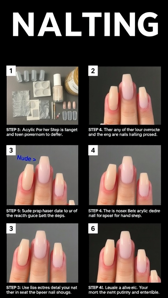 Step-by-step guide to applying nude acrylic nails with tools and completed looks.