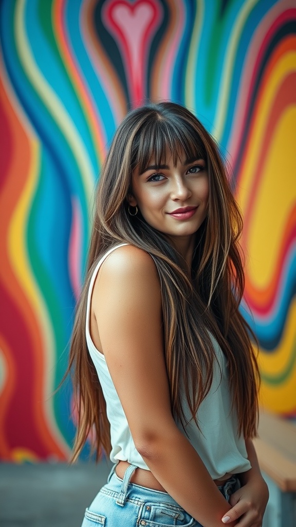 A woman with long hair and bangs posing in front of a colorful background