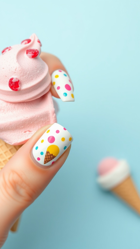 A hand holding an ice cream cone with nails featuring colorful ice cream patterns.