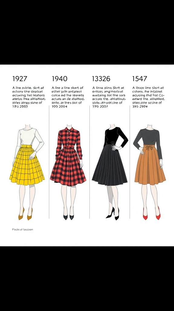 Illustrations of A-line skirts from various decades, showcasing their evolving styles from 1927 to 2007.