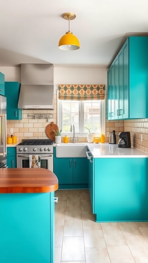 A bright turquoise mid-century modern kitchen with yellow accents and wooden countertops