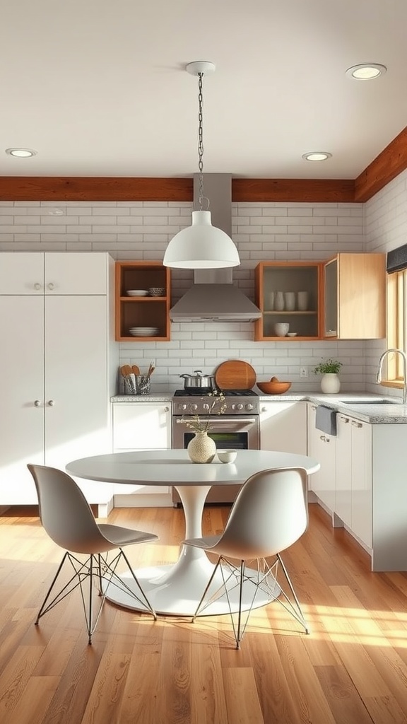 Mid-century modern kitchen featuring a round table, stylish chairs, and elegant lighting.