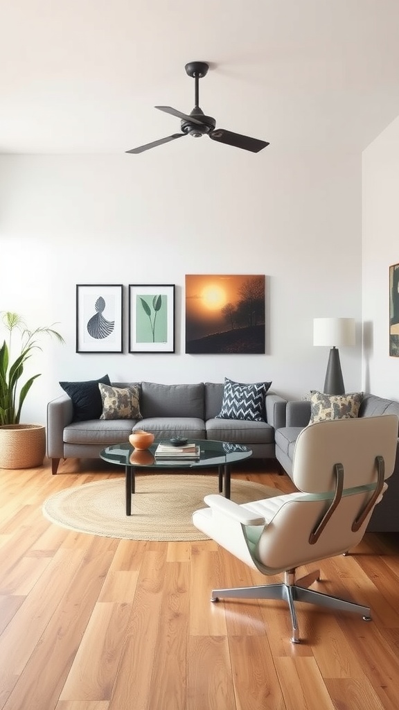 A mid century modern living room featuring a gray sofa, glass coffee table, Eames-style chair, and wall art.