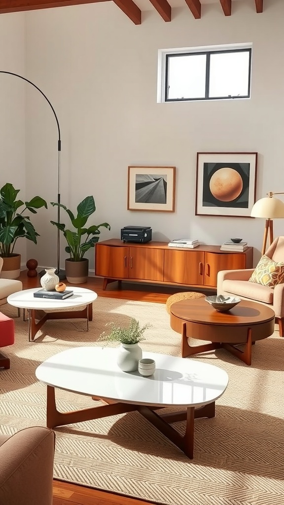 A cozy living room featuring mid-century modern coffee tables and stylish decor.