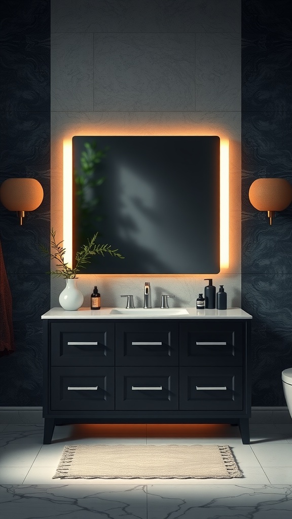 A black bathroom vanity with an illuminated mirror and wall sconces