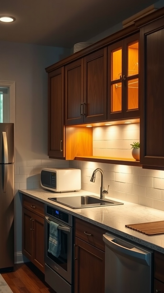 A modern kitchen with warm wood cabinets and lighting that highlights the cabinetry and countertop.