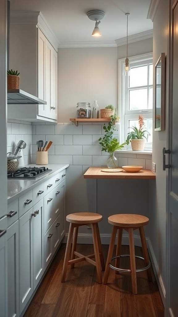 Small galley kitchen with a wooden breakfast bar and two stools, featuring light cabinetry and plants.