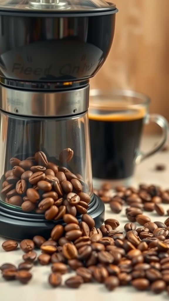 Coffee grinder with scattered coffee beans and a cup of brewed coffee