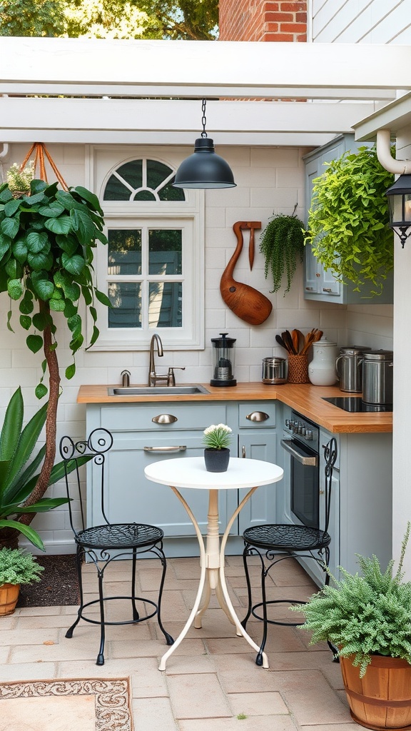 A cozy outdoor kitchen featuring a small white table with black chairs, surrounded by plants.