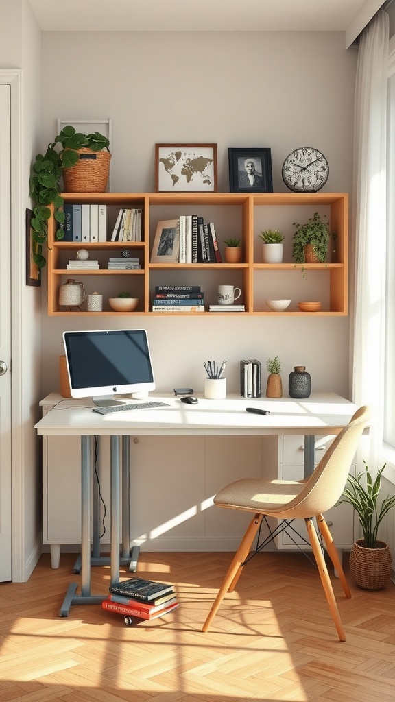 A small home office featuring a folding table, bookshelves, and decorative plants.