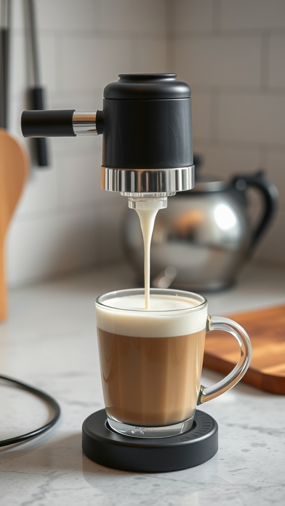 A milk frother in action pouring milk into a glass of coffee, showcasing a cozy kitchen setup.