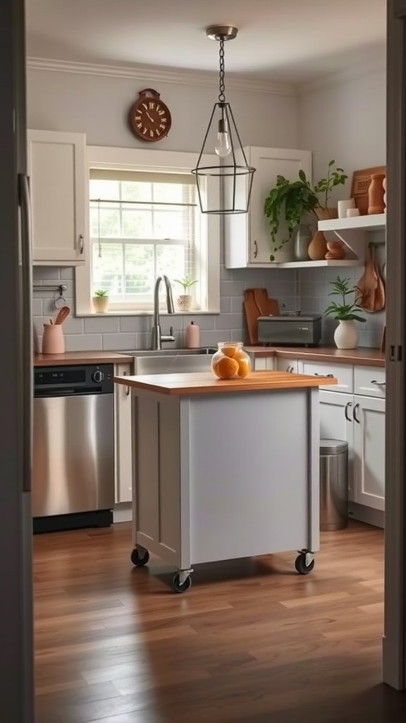 A small kitchen featuring a mobile island on wheels, with wooden top and decorative elements.