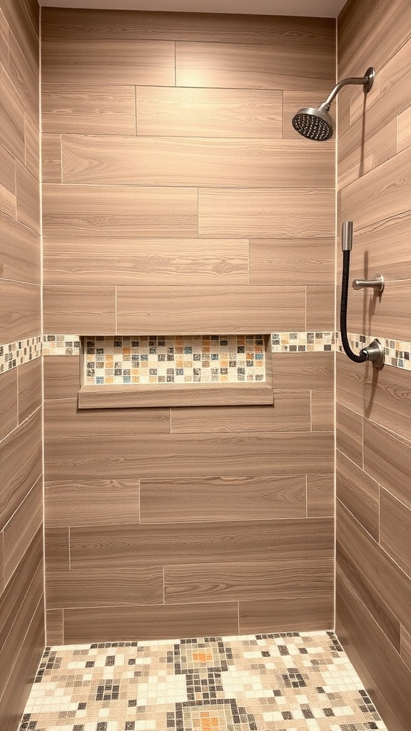 A shower with wood-look tile walls and a colorful accent tile strip.