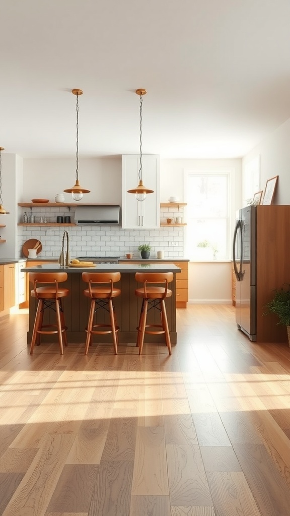 Modern kitchen with wooden bar stools at an island, featuring warm tones and natural light.
