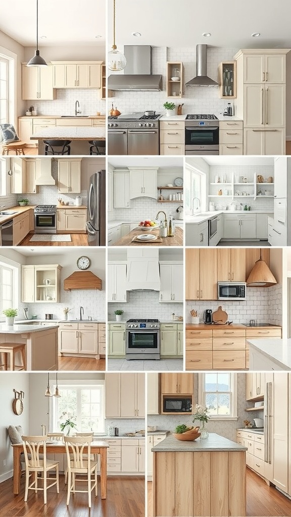 A collage of various kitchen designs featuring beige cabinets in different styles.