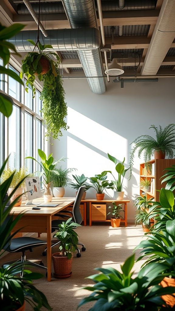 A bright office space featuring various plants, a wooden desk, and natural light streaming through large windows.