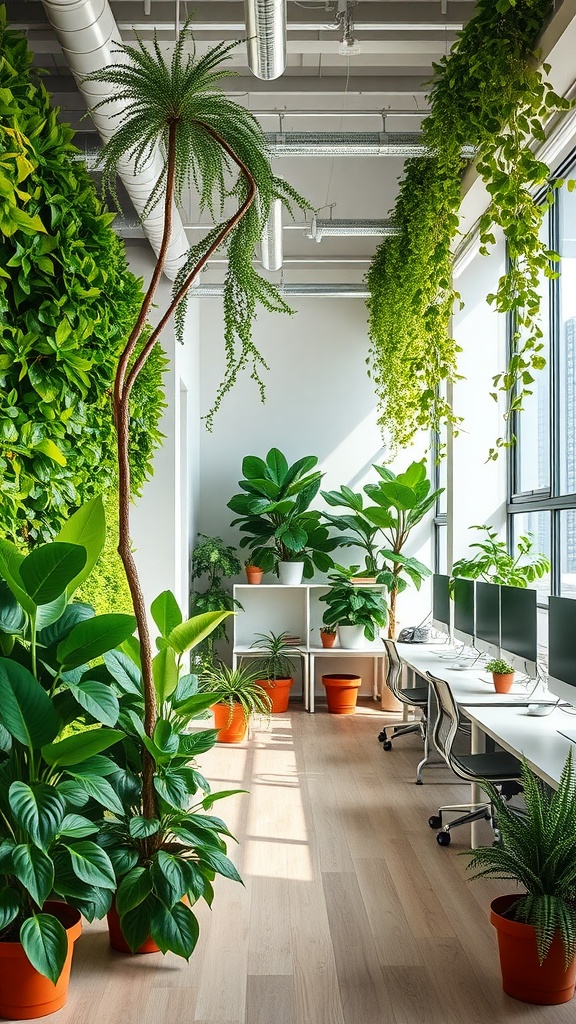 An office interior with numerous plants and bright natural light.