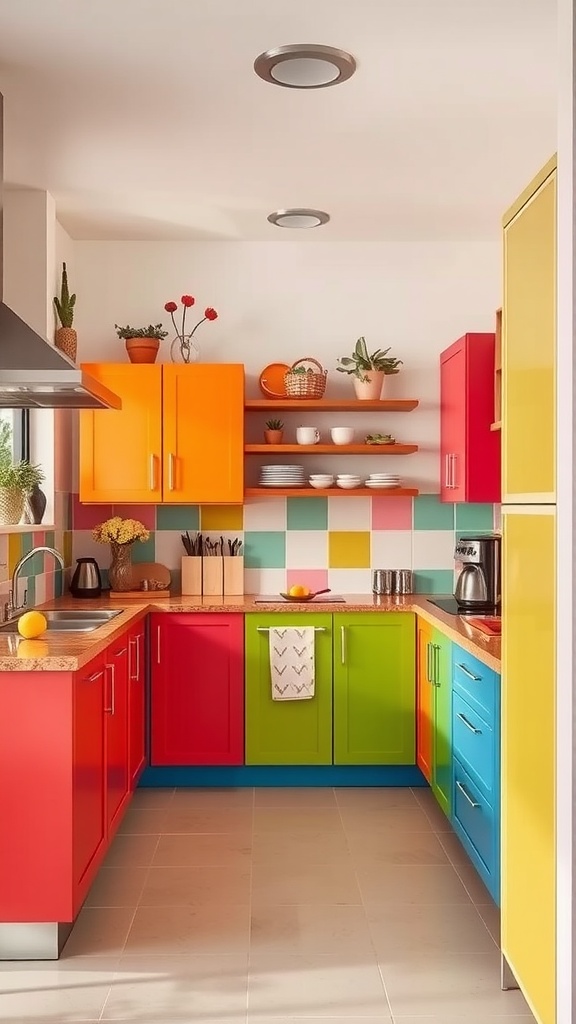 A colorful small kitchen featuring red, orange, green, and blue cabinets with a light countertop and playful decor.