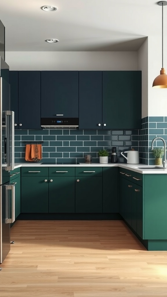 A modern kitchen featuring dark green and blue cabinets with a glossy green tile backsplash and light wooden floor.