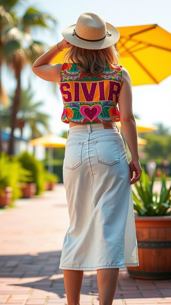 A woman wearing a colorful top and a white denim skirt stands outdoors, with palm trees and yellow umbrellas in the background.
