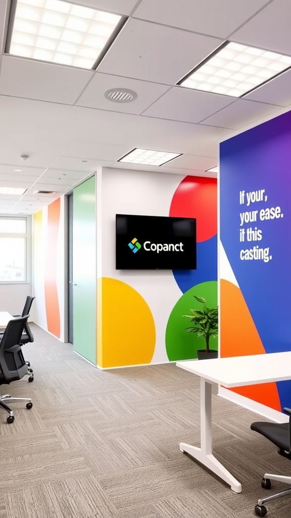 A vibrant modern office with colorful branding on the walls, featuring a logo display and minimalistic furniture.
