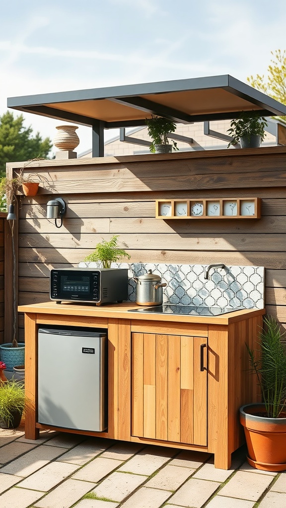 A small outdoor kitchen featuring energy-efficient appliances including a microwave and refrigerator.