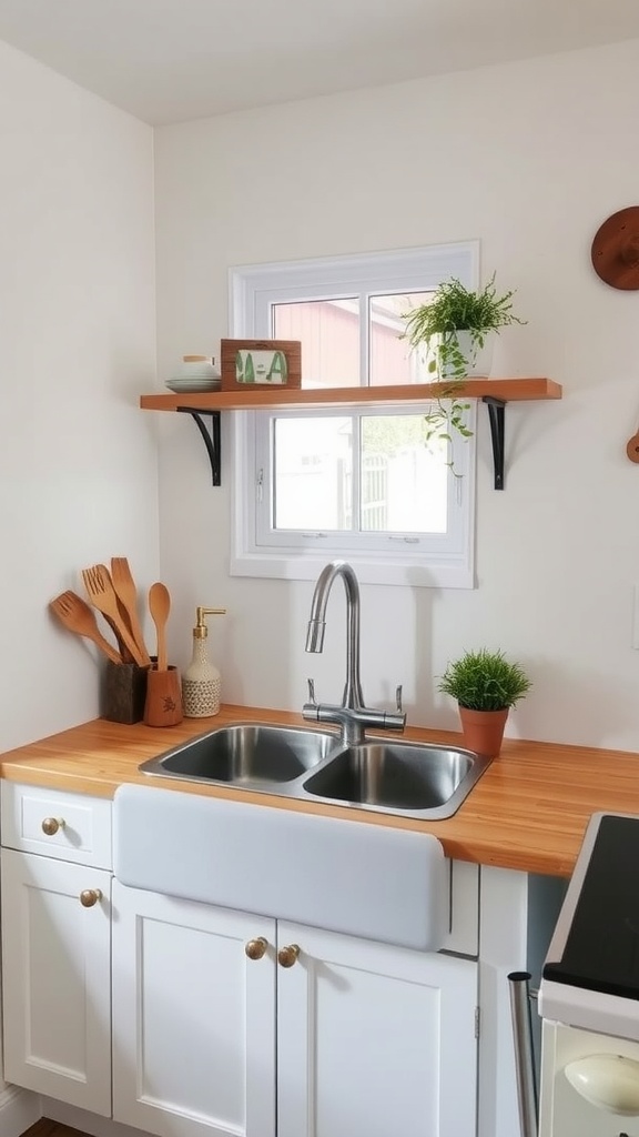 A small kitchen featuring a white farmhouse sink, wooden countertop, and open shelving with decor.