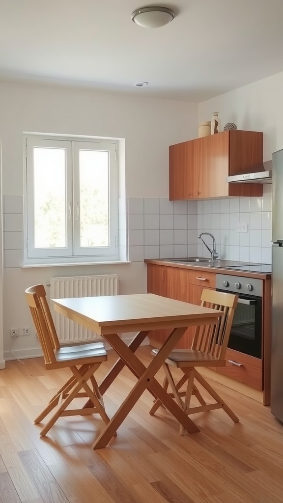 A small kitchen featuring a foldable table and chairs, maximizing space efficiency.