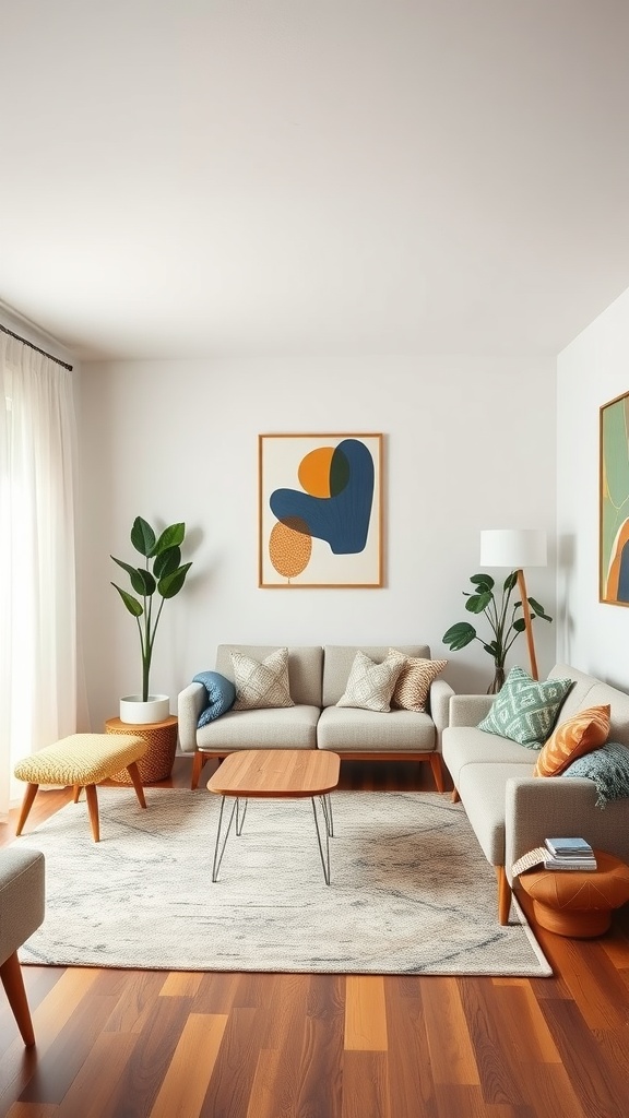 A modern living room featuring geometric patterns in art and decor, with soft furniture and plants.