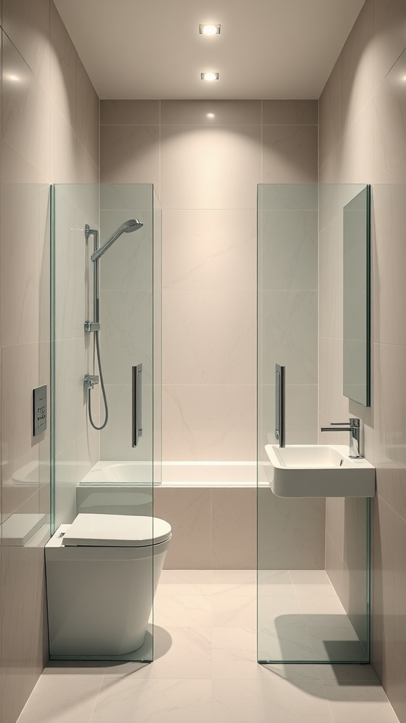 Modern small bathroom featuring glass shower enclosure and minimalistic design