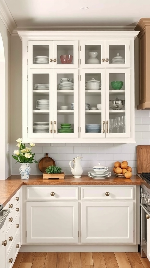 Farmhouse kitchen with glass front cabinets showcasing various dishware.