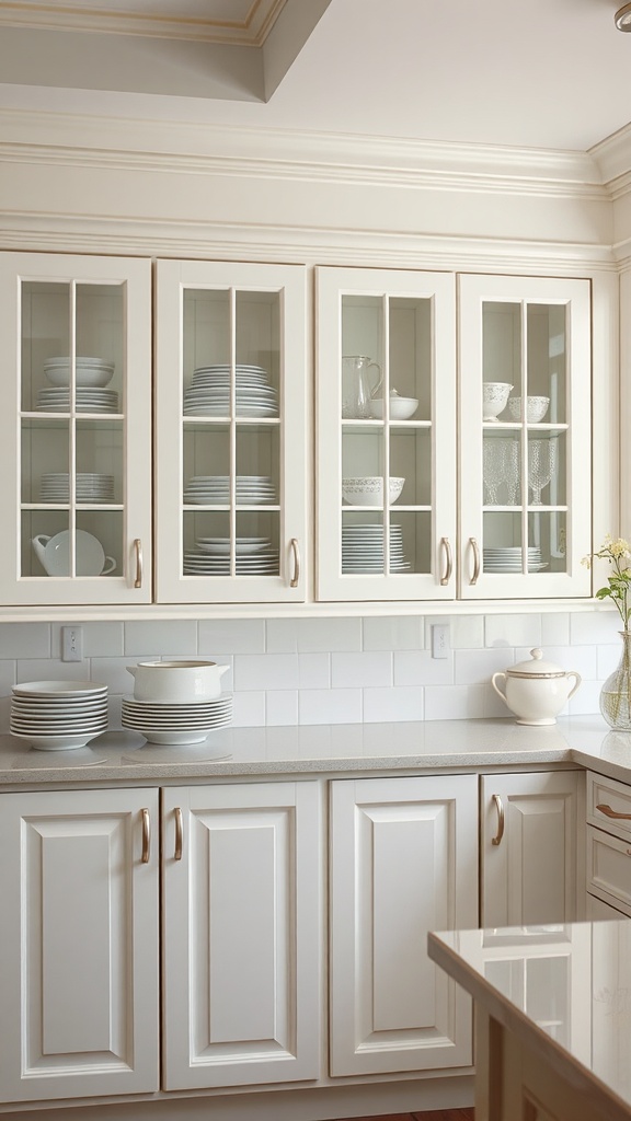 A kitchen with white cabinets featuring glass panels, displaying plates and dishware.