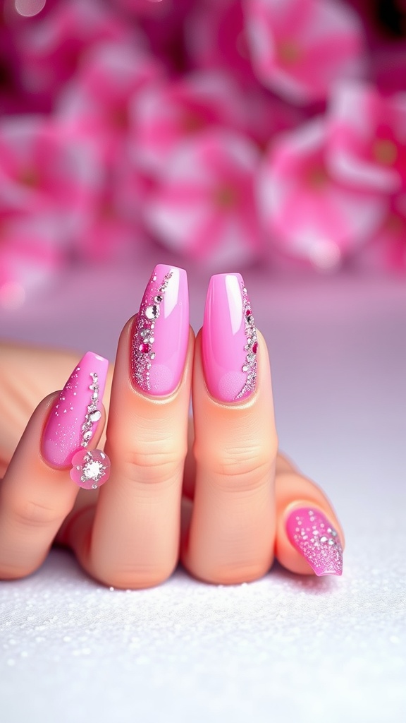 Pink chrome nails with glitter accents and rhinestones