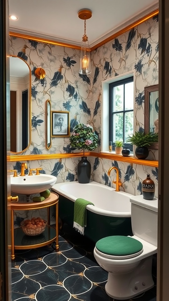 A stylish bathroom featuring green and black decor with gold accents, including faucets, mirror frames, and decorative elements.