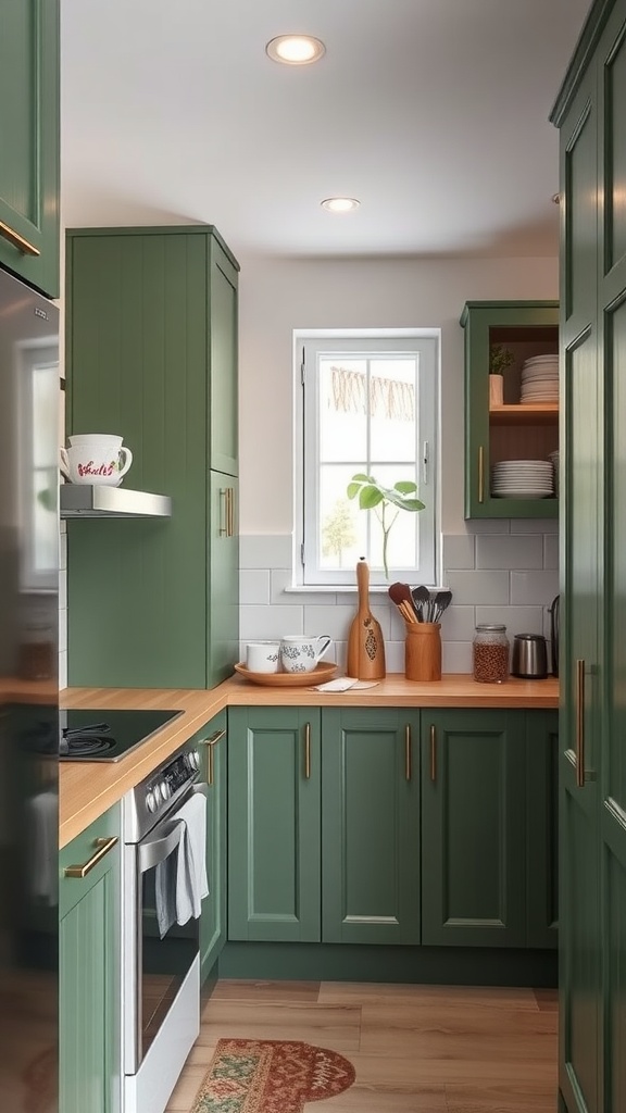 Small kitchen with green cabinets and wooden countertops