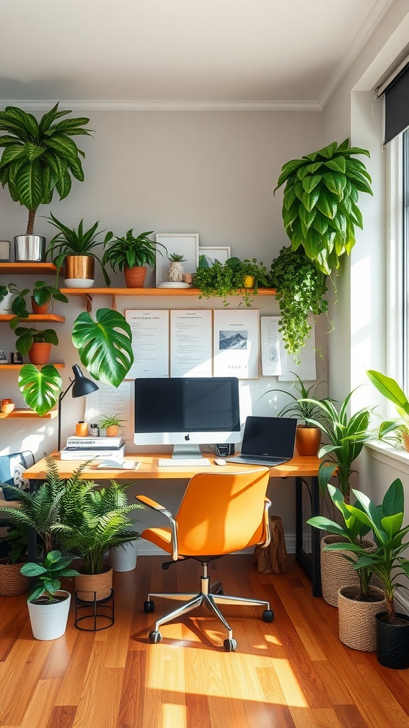 A small home office with an orange chair, a desk, and various plants on shelves and the floor.