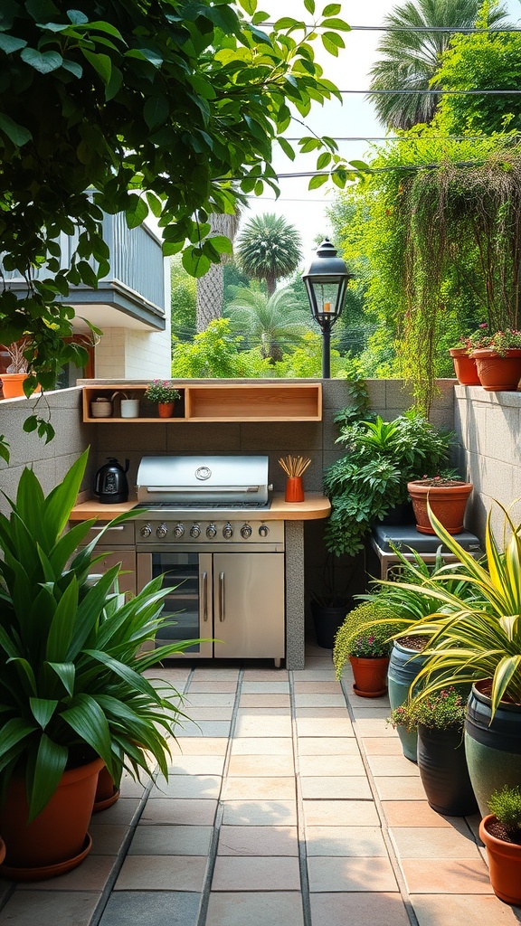 An outdoor kitchen with a grill and various potted plants surrounding the area.