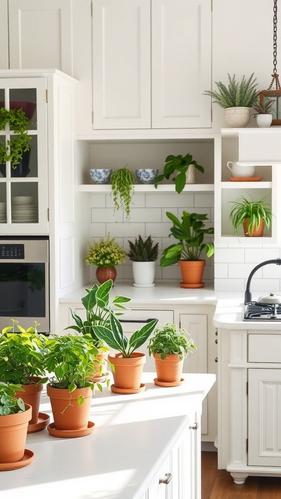 A bright white farmhouse kitchen featuring various potted plants on the counter and shelves.