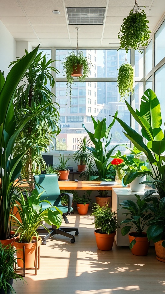 A bright office filled with various green plants in pots, creating a fresh and lively atmosphere.