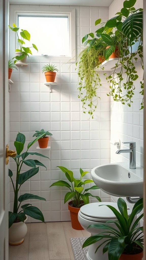 A small bathroom filled with various plants on shelves and the floor, enhancing the fresh vibe.