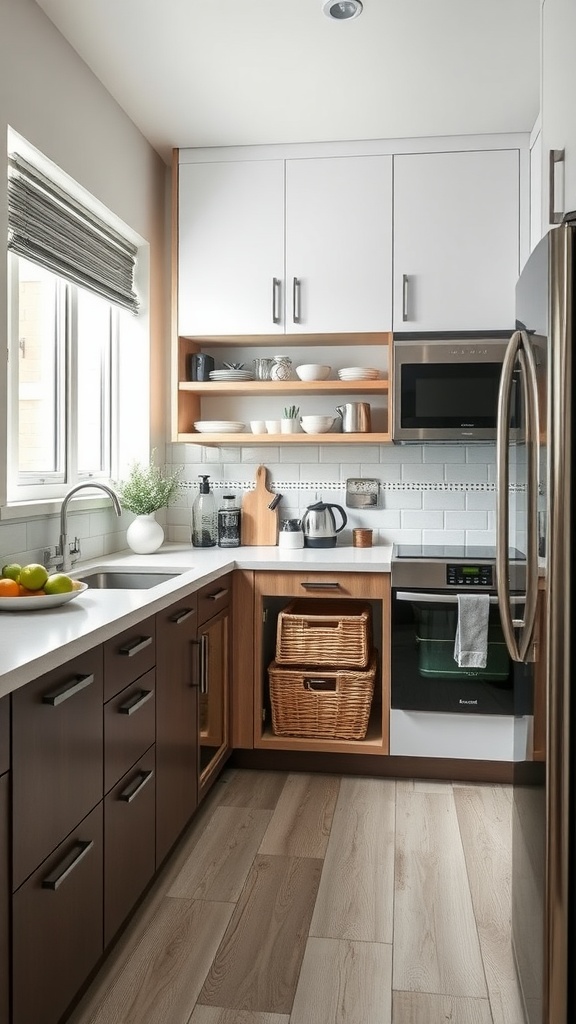 A modern small kitchen with hidden storage solutions, featuring open shelves and neat cabinetry.