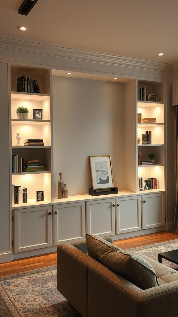 Modern built-in shelves with warm lighting in a living room setting