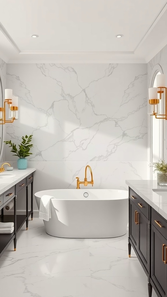 Modern bathroom featuring a stylish freestanding tub with marble walls and gold accents.