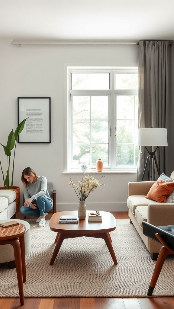 A cozy living room featuring a mid-century modern coffee table, a woman sitting nearby, and large windows with natural light.