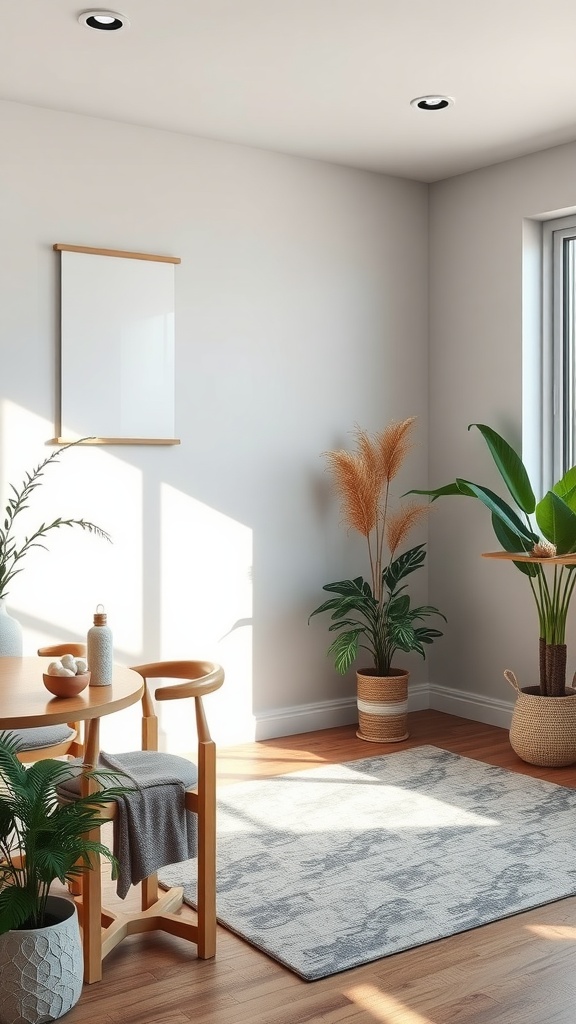 A bright therapy office with plants and wooden furniture, designed for mindfulness.