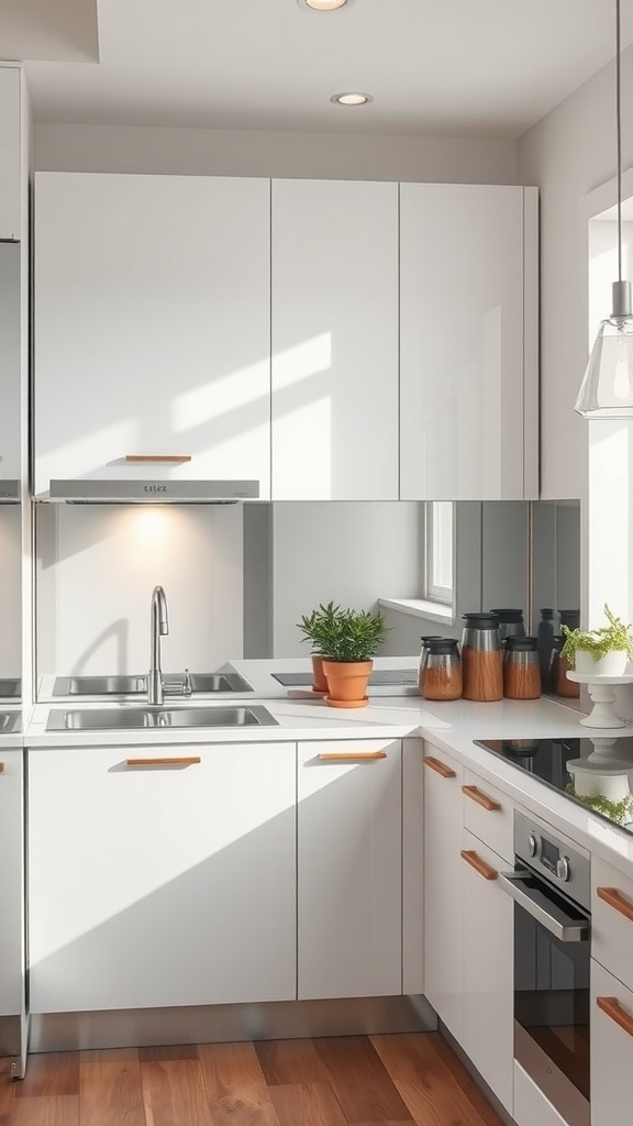 A modern small kitchen featuring white cabinetry, a mirrored backsplash, and wooden flooring.