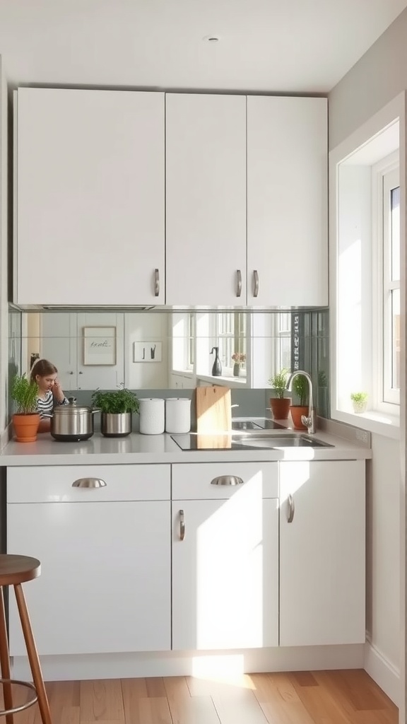 Small kitchen with a mirror backsplash, light colors, and potted plants.