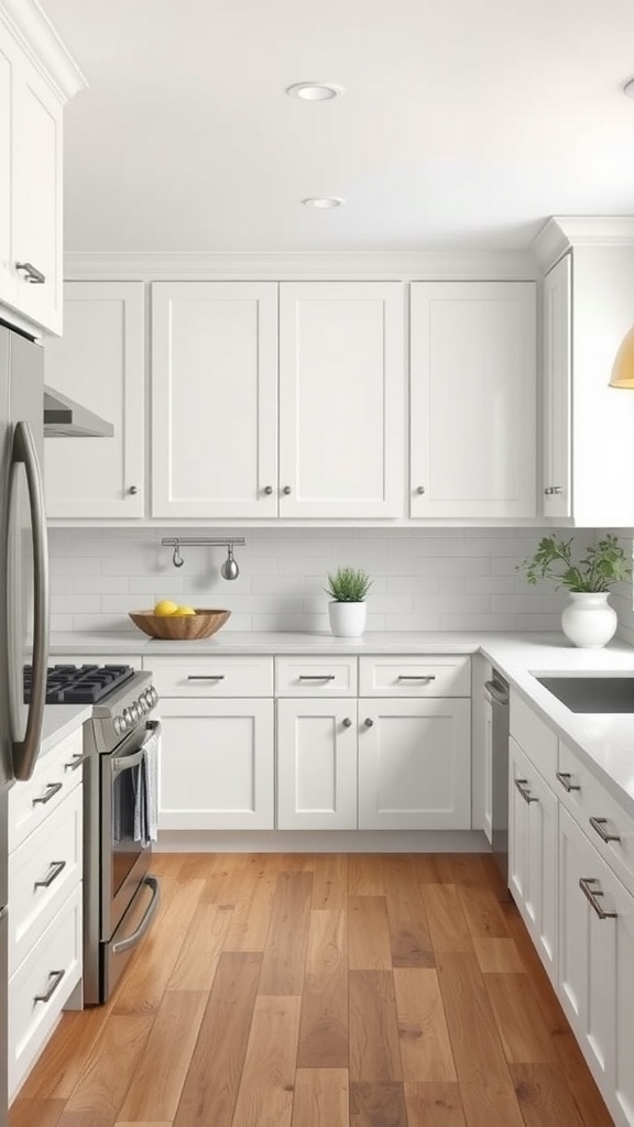 A bright white farmhouse kitchen featuring modern appliances, warm wood flooring, and stylish decor.