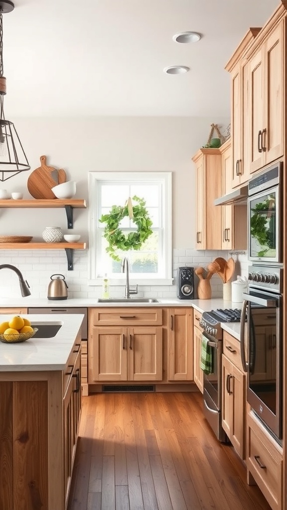 A cozy farmhouse kitchen featuring wooden cabinets, stainless steel appliances, and a decorative green wreath by the window.