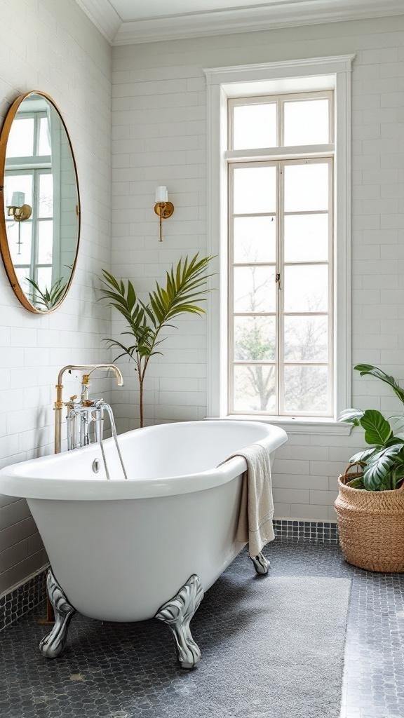 A stylish bathroom featuring a classic white clawfoot tub, modern fixtures, and natural elements.